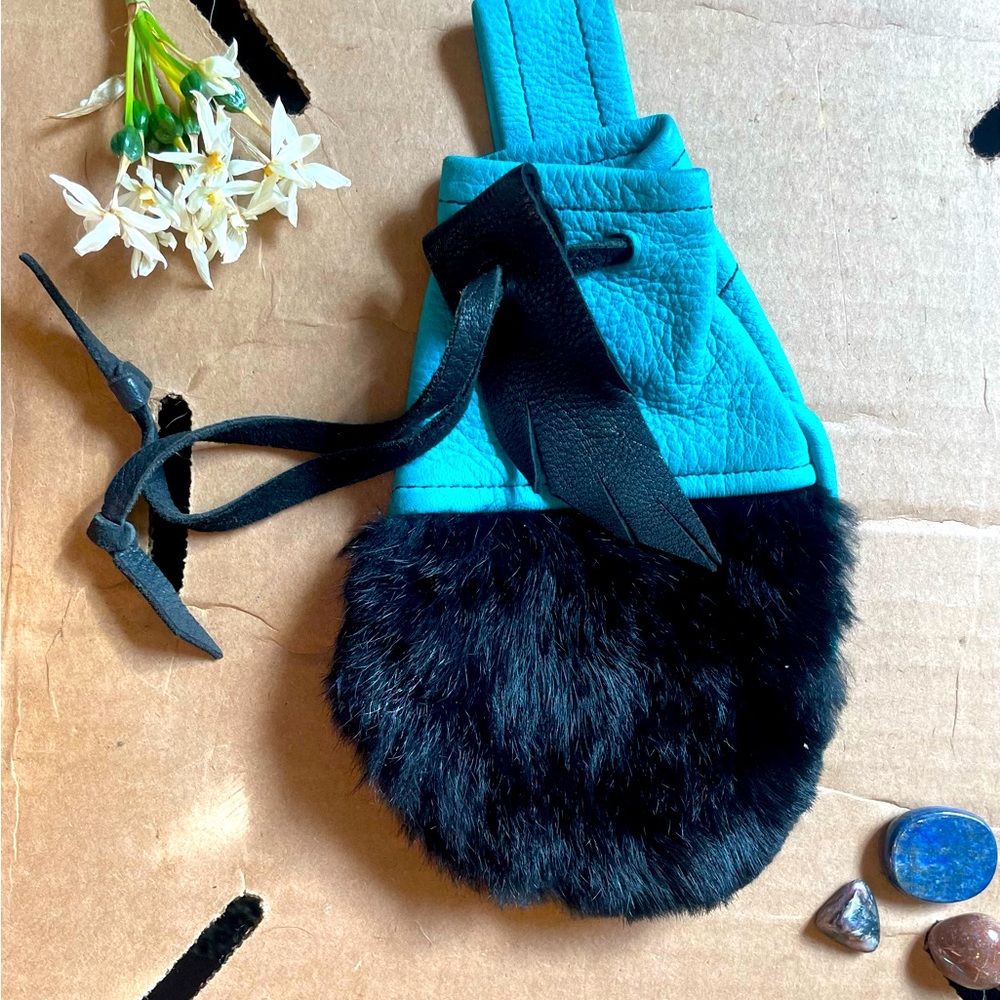 Renaissance side bag. Deep turquoise with black faux fur on the bottom.